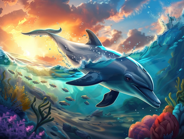 Bezpłatne zdjęcie piękna cyfrowa sztuka delfinów