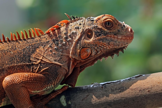 Piękna czerwona iguana zbliżenie głowy na zbliżenie zwierząt z drewna