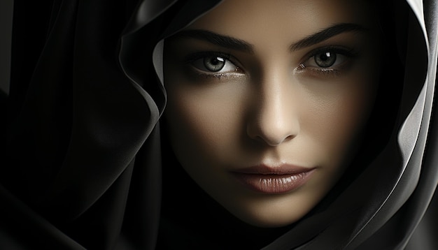 Piękna kobieta w hidżabie patrząca na kamerę z elegancją generowaną przez sztuczną inteligencję