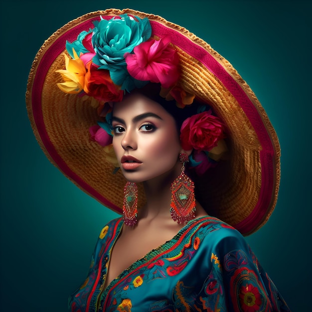 Piękna kobieta w meksykańskim sombrero z kwiatami.
