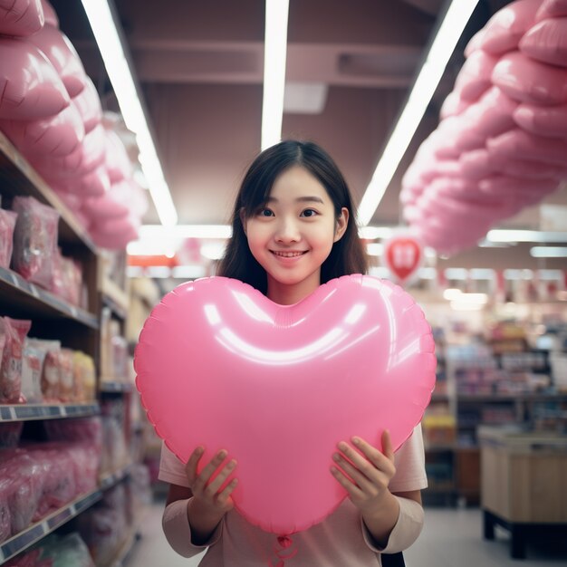 Piękna kobieta z balonem w kształcie serca
