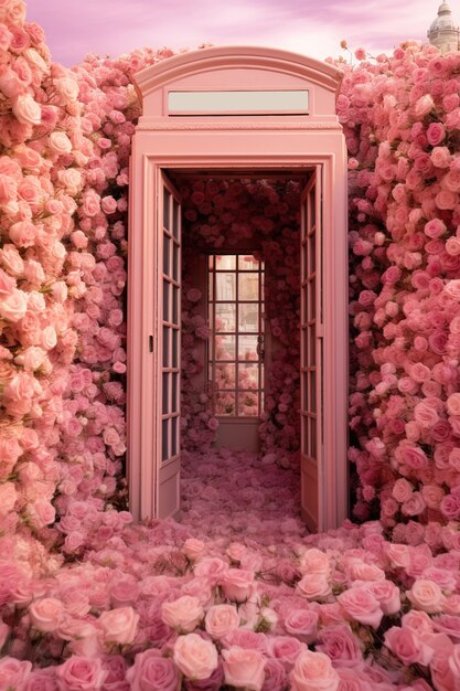 Piękna kompozycja róż z różowymi drzwiami