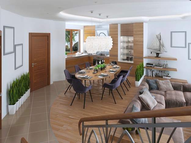 Piekna Kuchnia I Jadalnia Oraz Salon Na Nizszym Poziomie W Nowoczesnym Stylu Zdjecie Premium Piekna Kuchnia I Jadalnia Oraz Salon Na Nizszym Poziomie W Nowoczesnym Stylu Zdjecie Premium