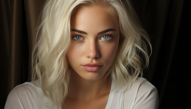 Piękna młoda kobieta o blond włosach patrząca na kamerę wygenerowaną przez sztuczną inteligencję