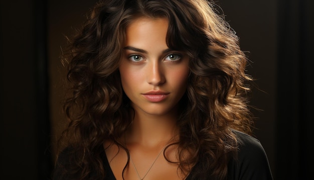 Piękna młoda kobieta o brązowych włosach patrząca na kamerę wygenerowaną przez sztuczną inteligencję