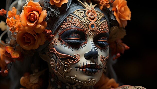 Bezpłatne zdjęcie piękna młoda kobieta w kolorowej masce halloween generowanej przez sztuczną inteligencję