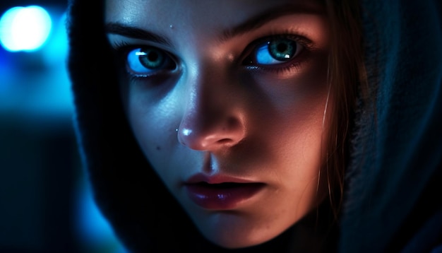 Bezpłatne zdjęcie piękna młoda kobieta w niebieskim kapturze patrzy wygenerowana przez sztuczną inteligencję