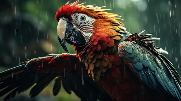 Piękna papuga ara z kroplami deszczu na dziobie