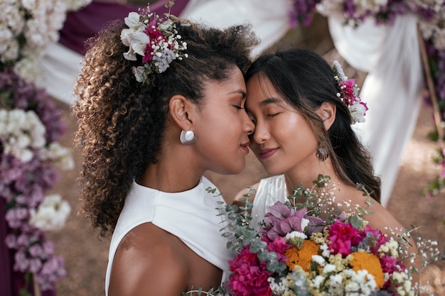 Piękna para lesbijków świętuje swój dzień ślubu na świeżym powietrzu.