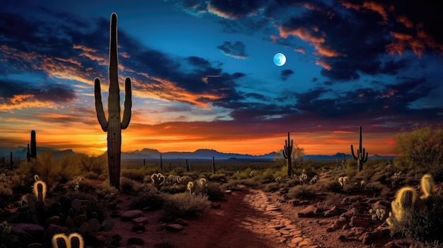 Bezpłatne zdjęcie piękna roślina kaktusów z pustynnym krajobrazem i nocą