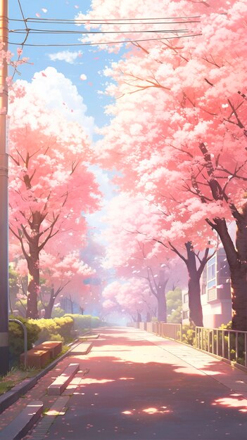 Piękna scena z kreskówek z krajobrazem sakury