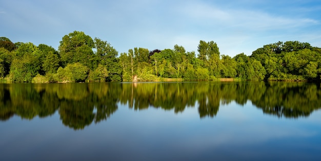 Piękna sceneria jeziora z odbiciem otaczających zielonych drzew