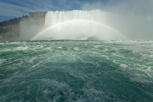Piękna sceneria tęczy tworzącej w pobliżu wodospadu Horseshoe Falls w Kanadzie