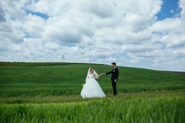 Piękna ślubna para spaceruje po zielonym polu