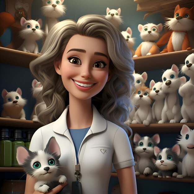 Bezpłatne zdjęcie piękna weterynarz z kociakami w rękach 3d rendering