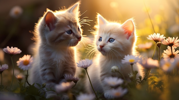 Piękne kocięta z kwiatami na zewnątrz