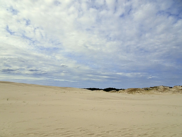 Piękne krajobrazy piaszczystej plaży pod zachmurzonym niebem w Łebie