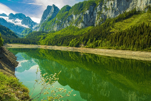 Piękne ujęcie jeziora Gosausee otoczonego austriackimi Alpami w jasny dzień