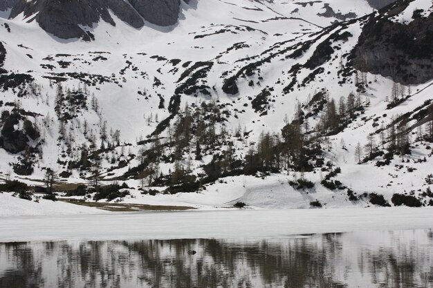 Piękne ujęcie jeziora otoczonego wysokimi górami skalistymi pokrytymi śniegiem