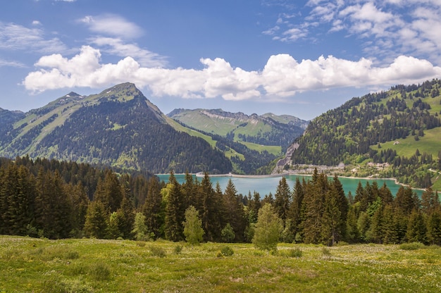 Piękne ujęcie Lac de l'Hongrin z czystym, błękitnym niebem