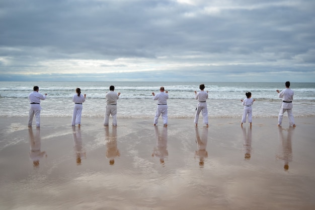 Bezpłatne zdjęcie piękne ujęcie zawodników karate trenujących nad morzem