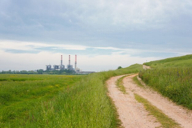 Piękne ujęcie zielonego pola na poboczu drogi gruntowej z budynkiem i pochmurnym niebem