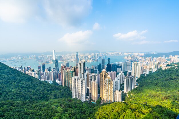 Pięknej architektury budynku zewnętrzny pejzaż miejski Hong kong miasta linia horyzontu