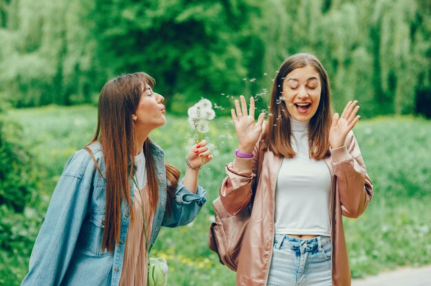 Piękni ladys odpoczywa w parku i bawić się z dandelion.