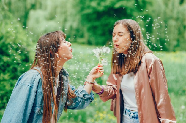 Piękni ladys odpoczywa w parku i bawić się z dandelion.