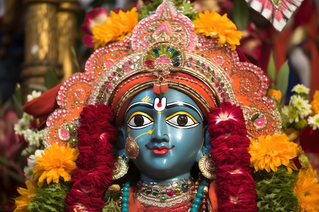 Pięknie zdobiony idol hinduskiego lorda Balaramy podczas festiwalu Rath Yatra Ai generatywnego
