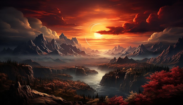 Piękno przyrody zachód słońca niebo krajobraz górski jesień las spokojna łąka generowana przez sztuczną inteligencję