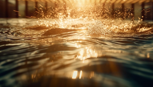 Piękno zachodu słońca odzwierciedlone w pomarszczonej fali wodnej generowanej przez sztuczną inteligencję