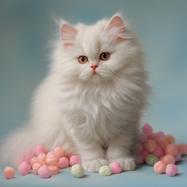 Bezpłatne zdjęcie piękny biały kot z piłkami w pomieszczeniu