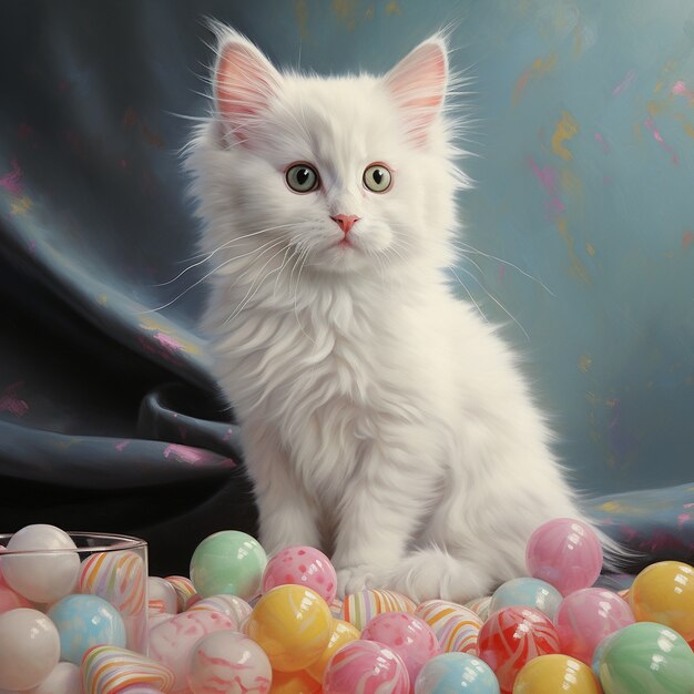 Piękny biały kot z piłkami w pomieszczeniu