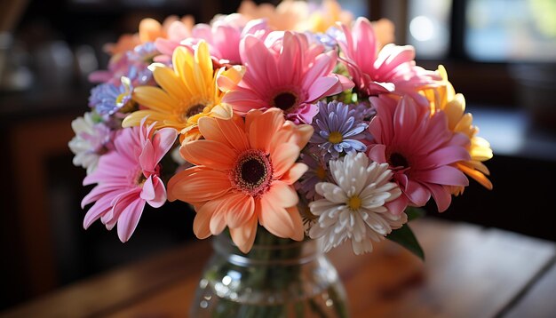 Piękny bukiet świeżych kwiatów zdobi stół inspirowany naturą, wygenerowany przez sztuczną inteligencję