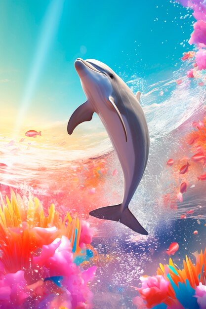 Piękny delfin pływający o wschodzie słońca