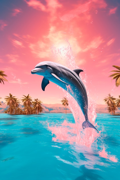 Piękny delfin pływający o zachodzie słońca
