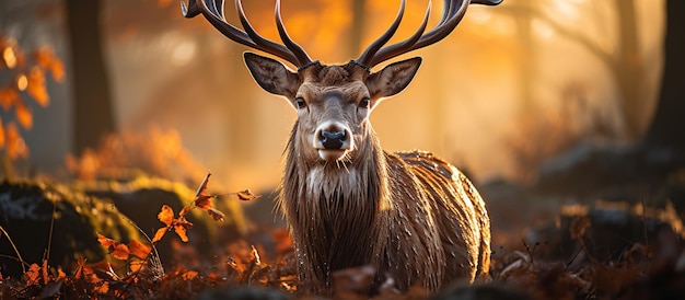 Bezpłatne zdjęcie piękny jeleń szlachetny w okresie rui w jesiennym lesie