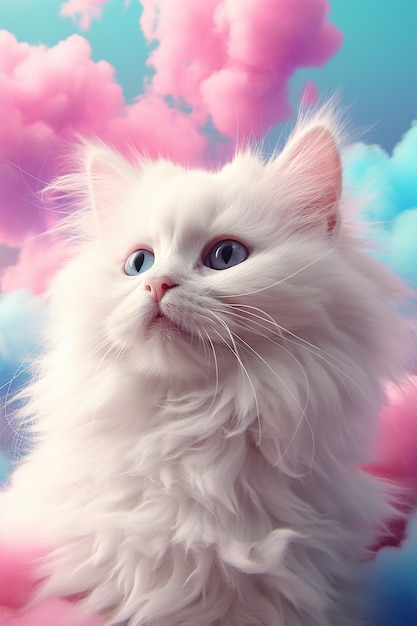 Piękny kotek z kolorowymi chmurkami