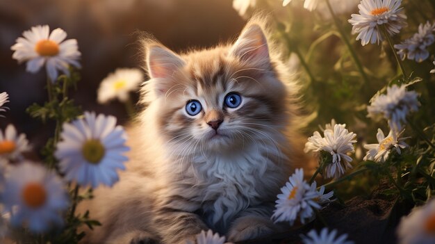 Piękny kotek z kwiatami na zewnątrz