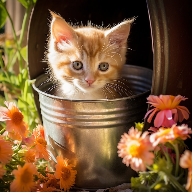 Bezpłatne zdjęcie piękny kotek z kwiatami w pomieszczeniu