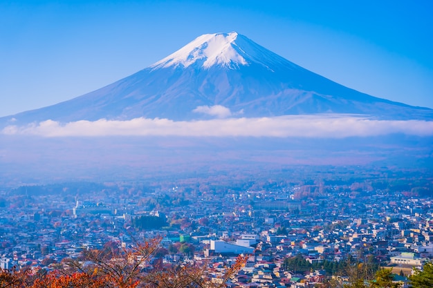 Piękny krajobraz halny Fuji wokoło liścia klonowego drzewa w jesieni przyprawia