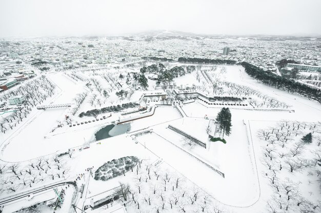 Piękny krajobraz i gród z wieży Fort Goryokaku w mieście Hakodate Hokkaido