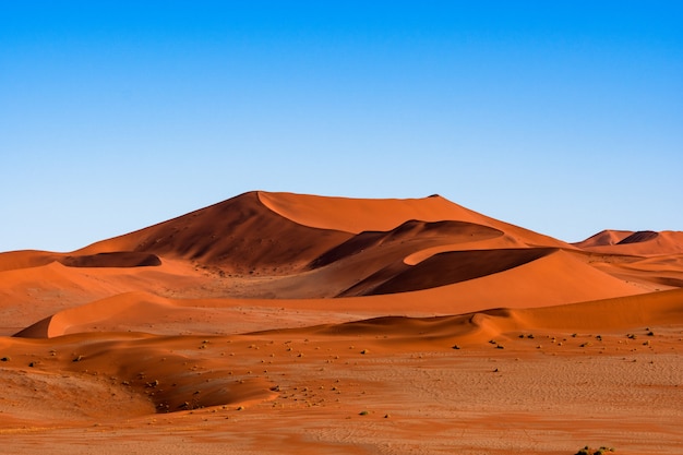 Piękny krajobraz pomarańczowej piasek diuny pomarańczowy piasek przy Namib pustynią w Namib-Naukluft parku narodowym Sossusvlei w Namibia.