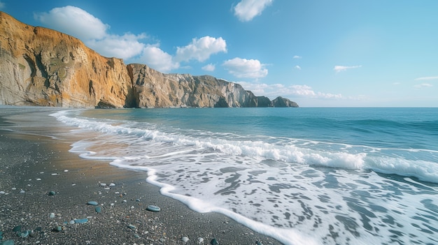 Piękny krajobraz przyrody z czarną piaszczystą plażą i oceanem