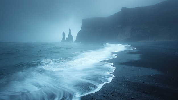 Bezpłatne zdjęcie piękny krajobraz przyrody z czarną piaszczystą plażą i oceanem