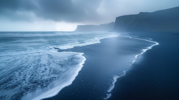 Bezpłatne zdjęcie piękny krajobraz przyrody z czarną piaszczystą plażą i oceanem