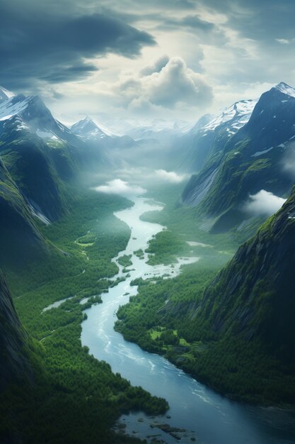 Piękny krajobraz przyrody z rzeką i górami