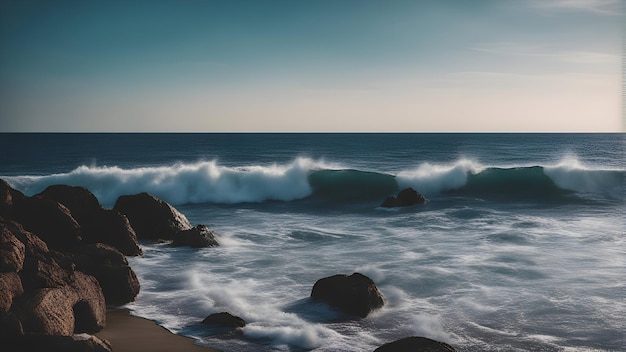 Bezpłatne zdjęcie piękny pejzaż morski ze skałami i falami stonowane