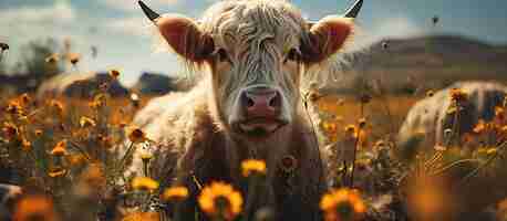 Bezpłatne zdjęcie piękny portret krowy na łące z żółtymi kwiatami